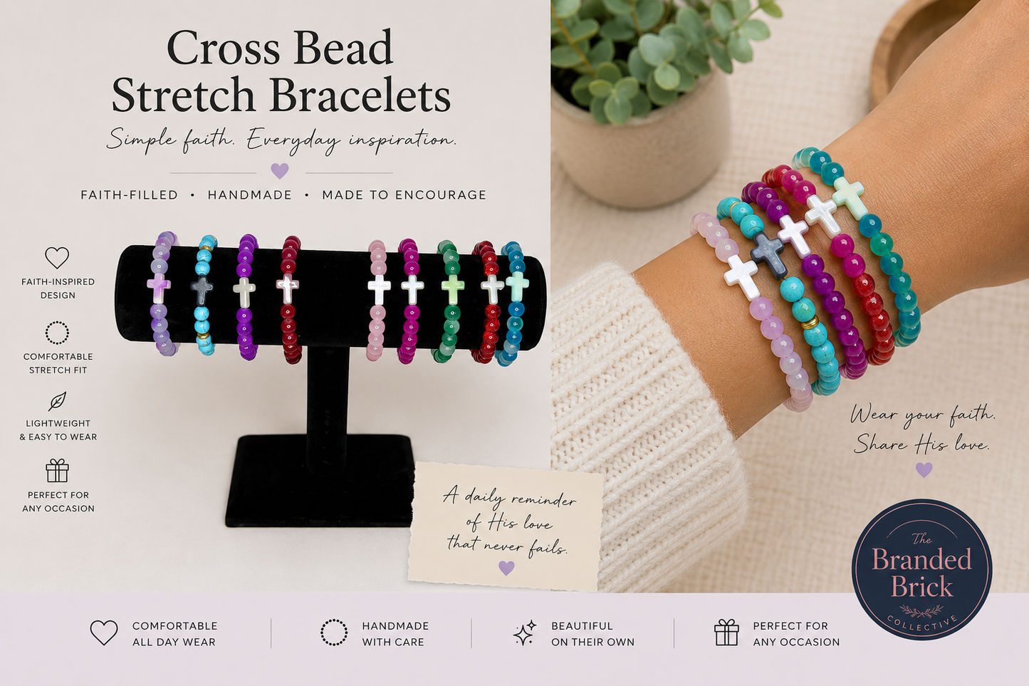 Handmade Cross Glass Bead Stretch Bracelet | Faith-Inspired Bracelet