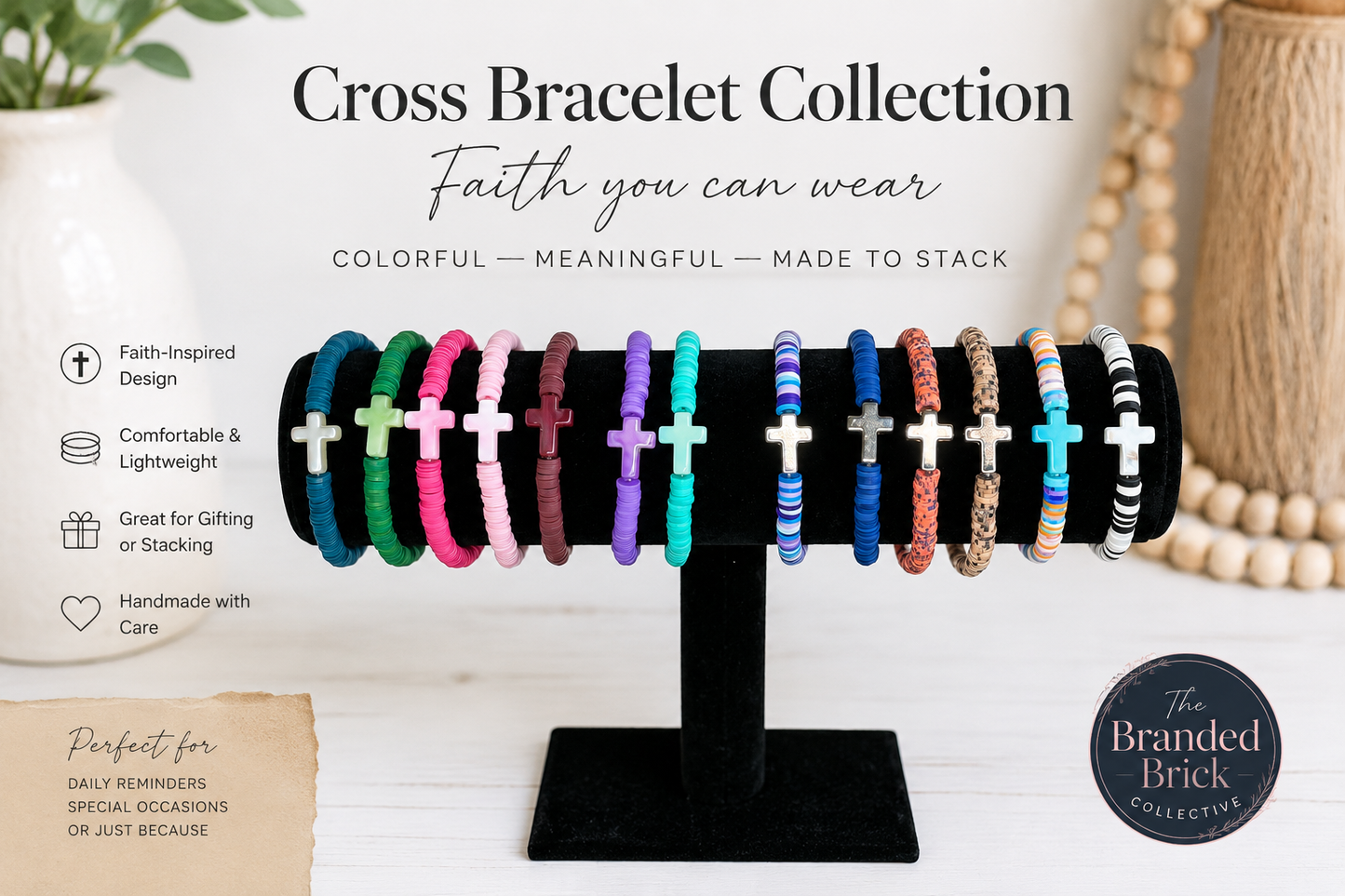 Handmade Cross Clay Bead Bracelet | Faith-Inspired Stretch Bracelet