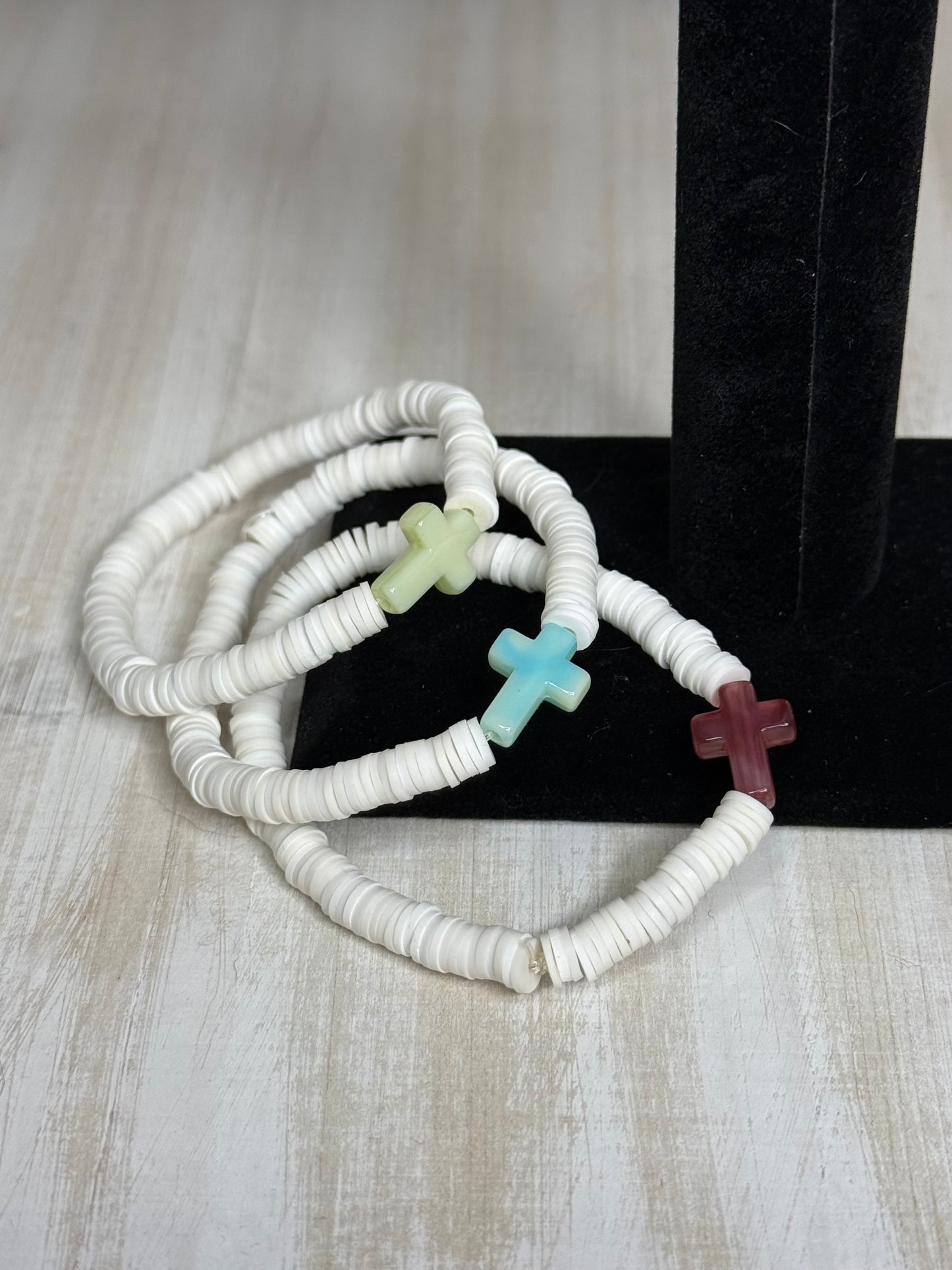 Handmade Cross Clay Bead Bracelet | Faith-Inspired Stretch Bracelet