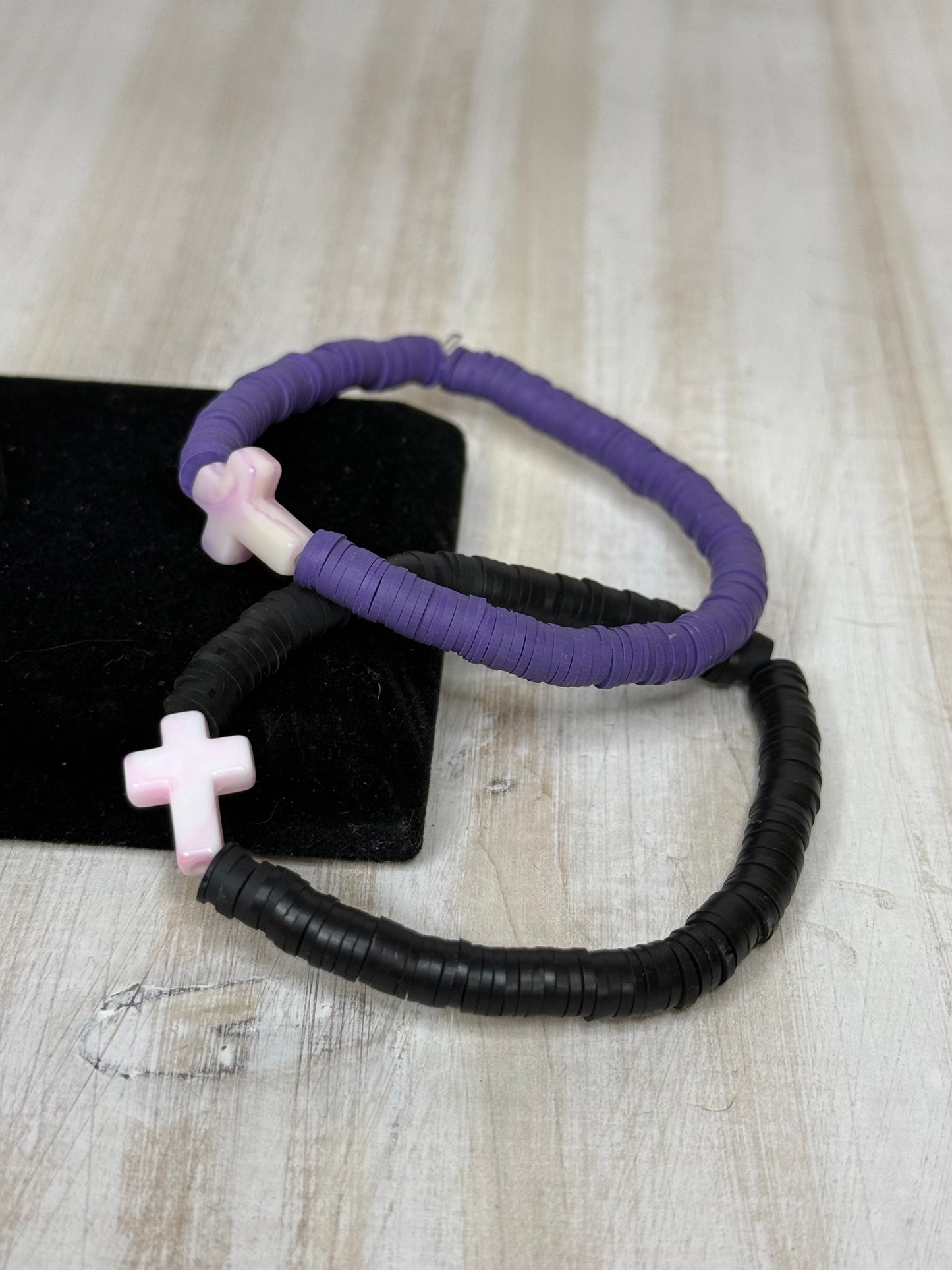 Handmade Cross Clay Bead Bracelet | Faith-Inspired Stretch Bracelet