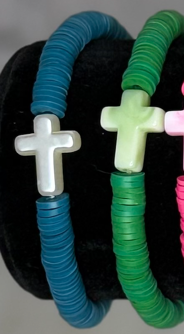 Handmade Cross Clay Bead Bracelet | Faith-Inspired Stretch Bracelet