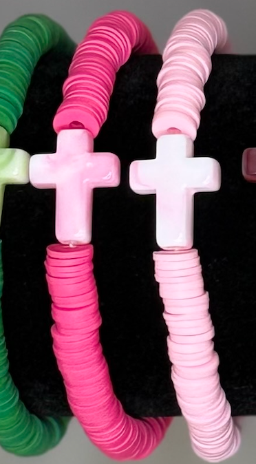 Handmade Cross Clay Bead Bracelet | Faith-Inspired Stretch Bracelet
